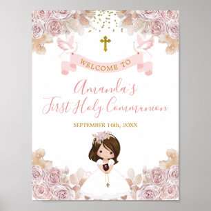 Affiche Boho Rose Floral Girl First Holy Communion Bienven