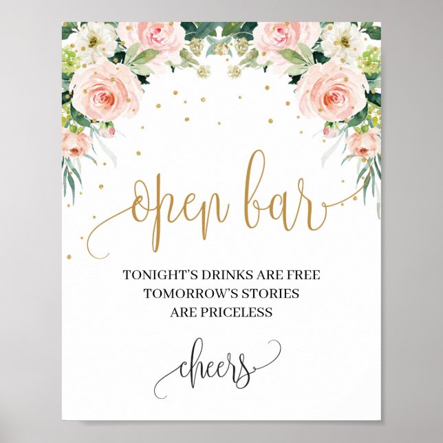 Affiche Boho rose floral or mariage ouvert signe bar (Devant)