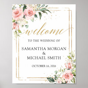Affiche Boho rose floral or mariage signe de bienvenue