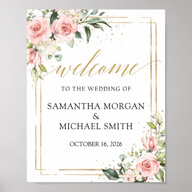 Affiche Boho rose floral or mariage signe de bienvenue (Devant)