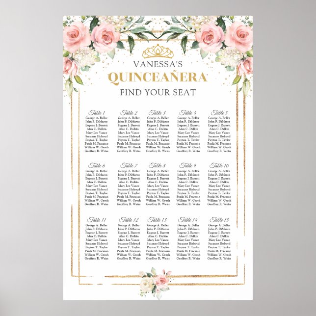 Affiche Boho rose floral or tiara Quinceanera (Devant)
