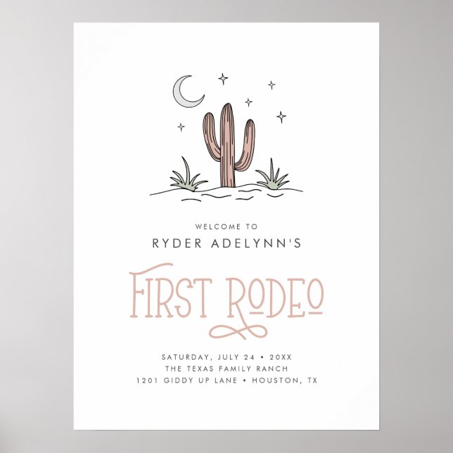 Affiche Boho Rose Moderne Fille Premier Rodéo 1er Annivers (Devant)