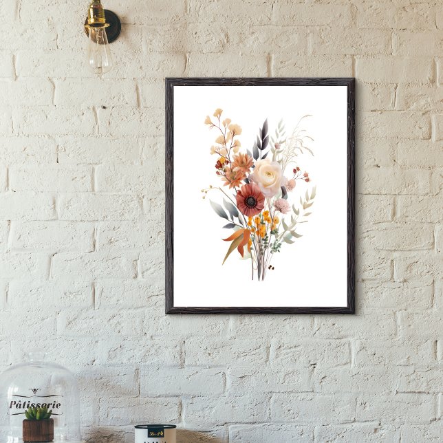 Affiche Boho Rose Peach Jaune Bleu Beige Floral Botanique (Rose White Beige Peach Yellow and Blue Floral  Botanical Wall Art poster. Digital or Printed Framed)