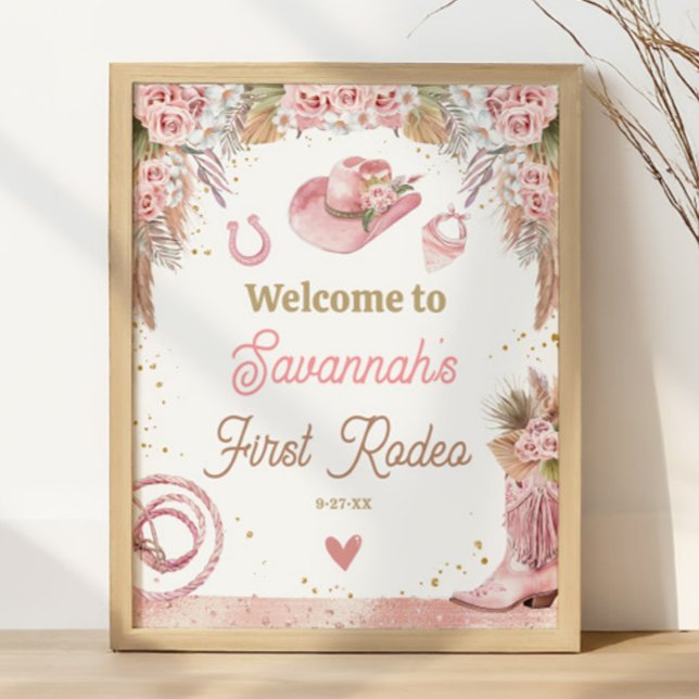 Affiche Boho rose Premier Rodéo 1er Anniversaire 16x20 Bie (Pink Boho First Rodeo 1st Birthday 16x20 Welcome Poster)