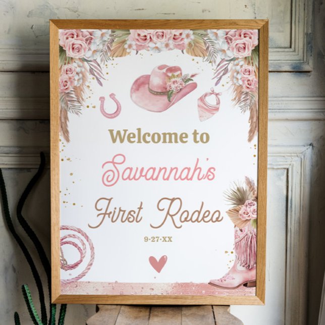 Affiche Boho rose Premier Rodéo 1er Anniversaire 18x24 Bie (Pink Boho First Rodeo 1st Birthday 18x24 Welcome Sign Poster)