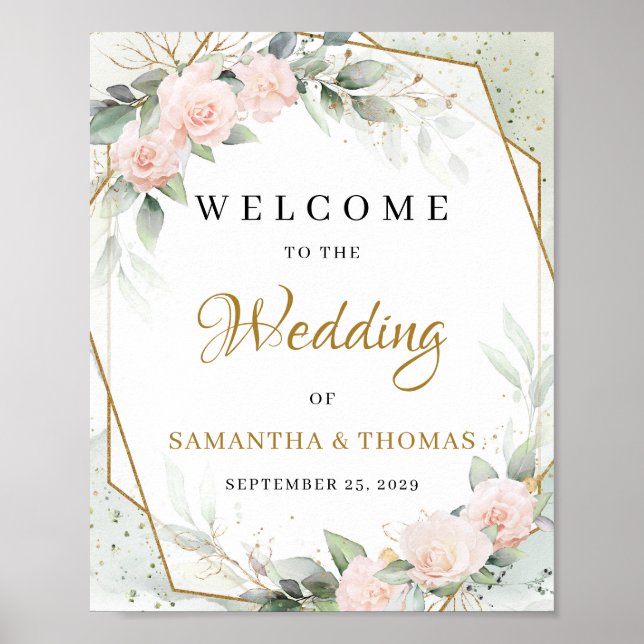 Affiche Boho rose rousse fleurs et eucalyptus or (Devant)