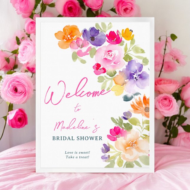 Affiche Boho rose vif douche nuptiale fleurie bienvenue (Boho bright pink floral bridal shower welcome poster)