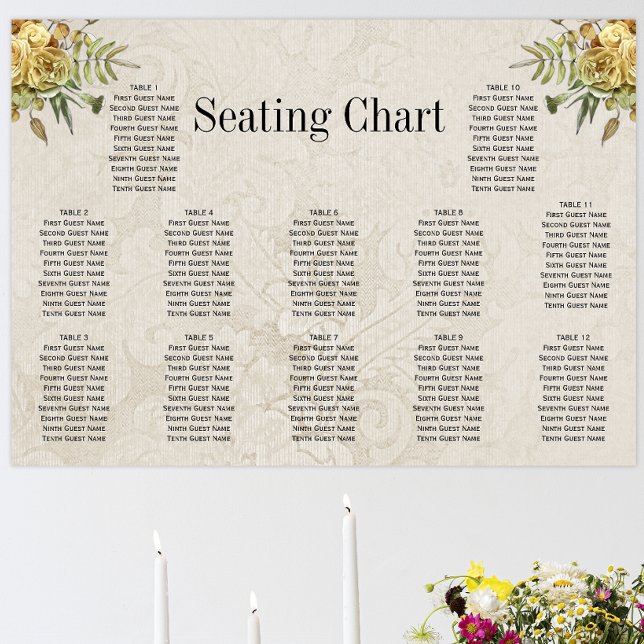 Affiche Boho Roses Cream Damask Rustic Mariage Siège (Créateur téléchargé)