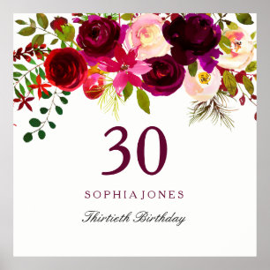 Affiche Boho rouge bordeaux 30e fête d'anniversaire