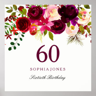 Affiche Boho rouge bordeaux 60e fête d'anniversaire