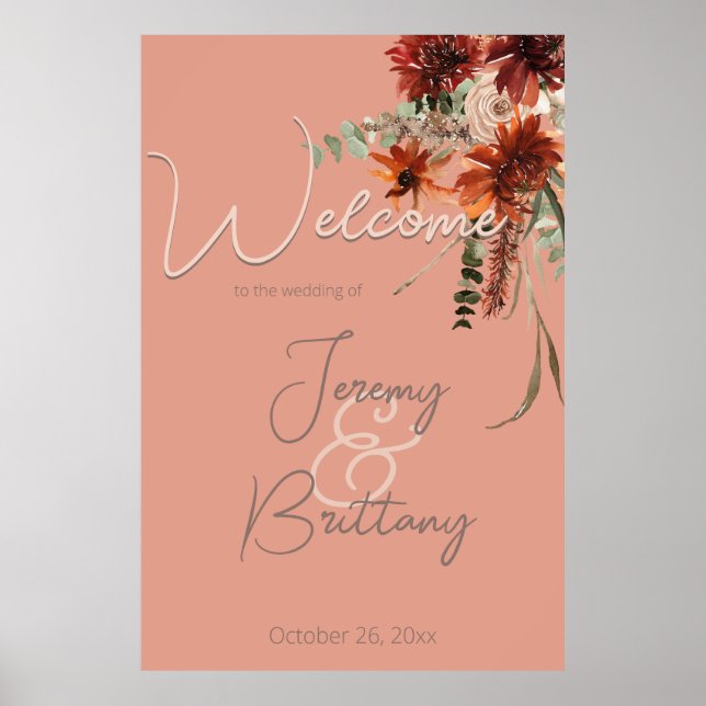 Affiche Boho Rust & Chute Neutre Floral Peach Rust Mariage (Devant)