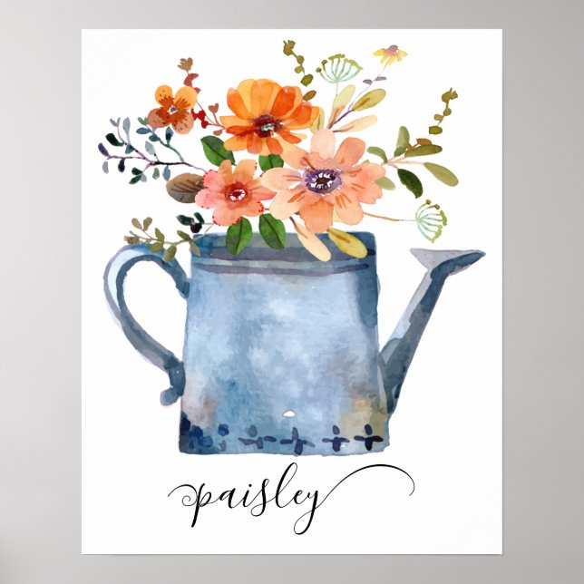 Affiche Boho Rust Orange Aquarelle Fleurs Arrosage Can (Devant)