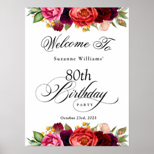 Affiche Boho Rustic Watercolor Floral 80e fête d'anniversa