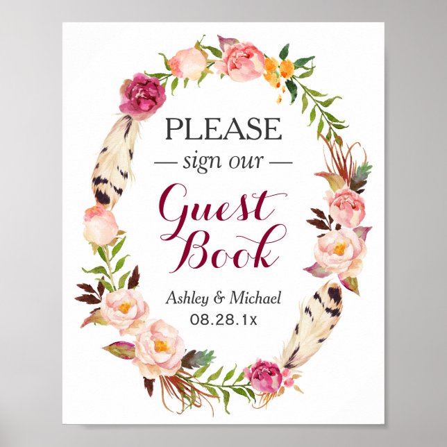 Affiche Boho Rustique Floral Wreath Guides Mariage (Devant)