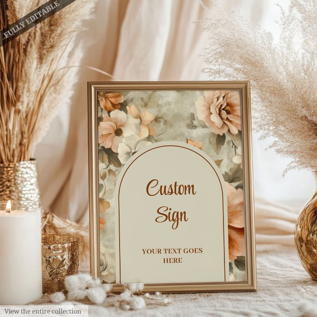Affiche Boho Rustique Terre Cuite Fleurs d'Ivoire Personna (Rustic Terra Cotta Ivory Floral Personalized Wedding Sign)