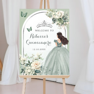 Affiche Boho Sage Green Floral Quinceañera Bienvenue