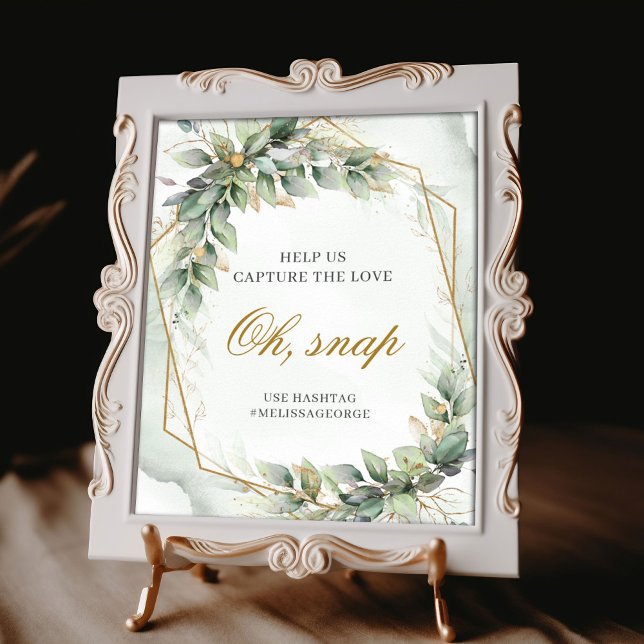 Affiche Boho sauge eucalyptus feuille or parties scintilla (Boho sage eucalyptus leaves gold glitter oh, snap hashtag wedding tabletop sign )