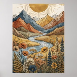 Affiche Boho Soleil Éclatant Montagne Rivière Lupin