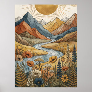 Affiche Boho Soleil Éclatant Montagne Rivière Lupin