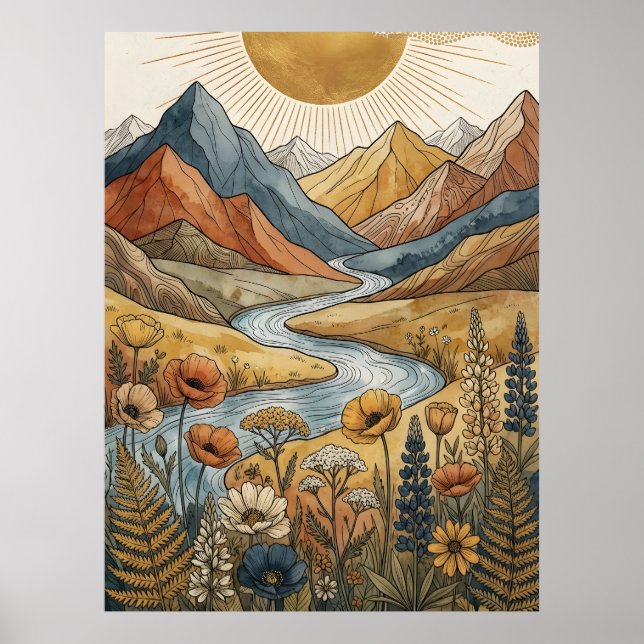 Affiche Boho Soleil Éclatant Montagne Rivière Lupin (Devant)