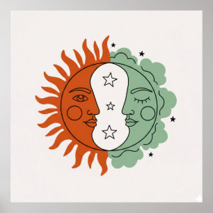 Affiche Boho Soleil et Lune Visage Terre Cuite Vert Sauge 
