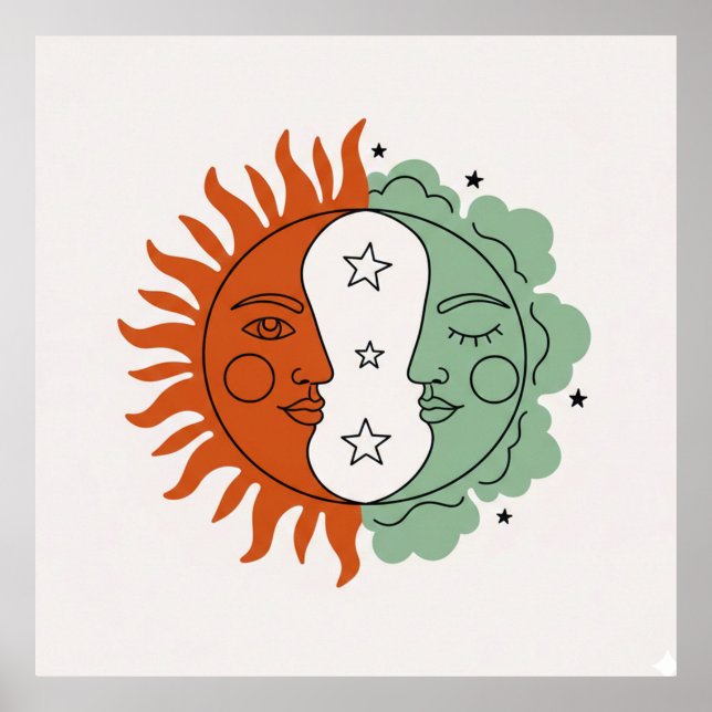 Affiche Boho Soleil et Lune Visage Terre Cuite Vert Sauge  (Devant)