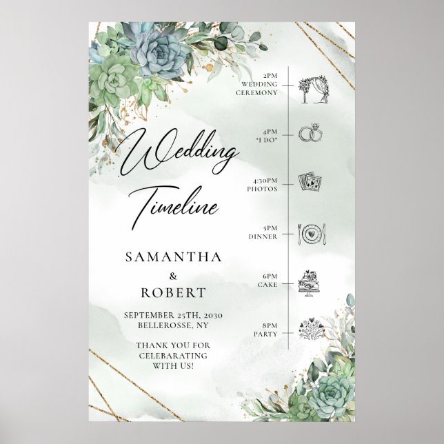 Affiche Boho Succulentes vert poussiéreux mariage doré Chr (Devant)