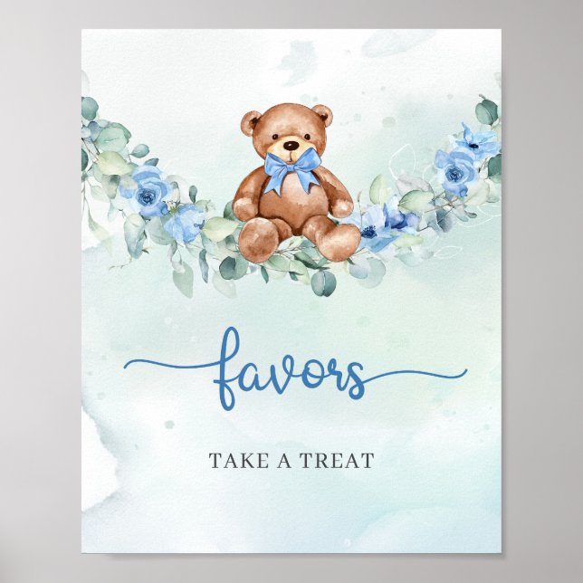 Affiche Boho Teddy ours bleu floral eucalyptus faveurs (Devant)