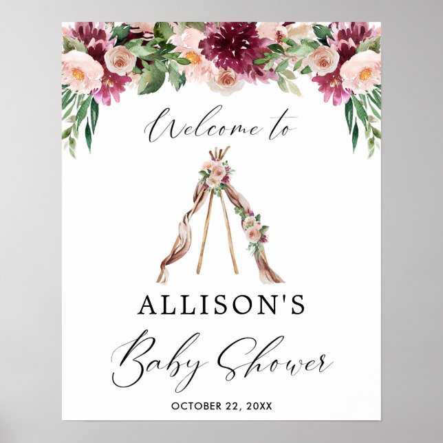 Affiche Boho teepee baby shower fleuri rustique signe de b (Devant)