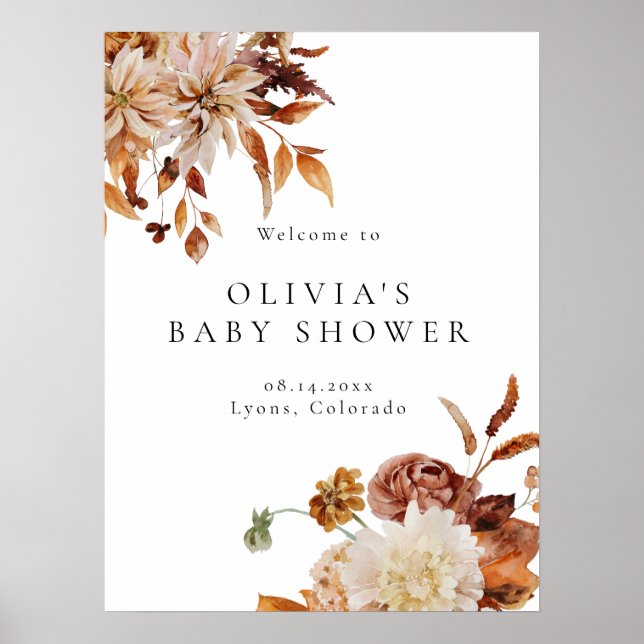 Affiche Boho Terracotta Fall Floral Baby shower Bienvenue (Devant)