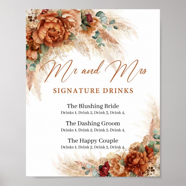 Affiche Boho Terracotta pampas boissons signature Mr et Mr (Devant)