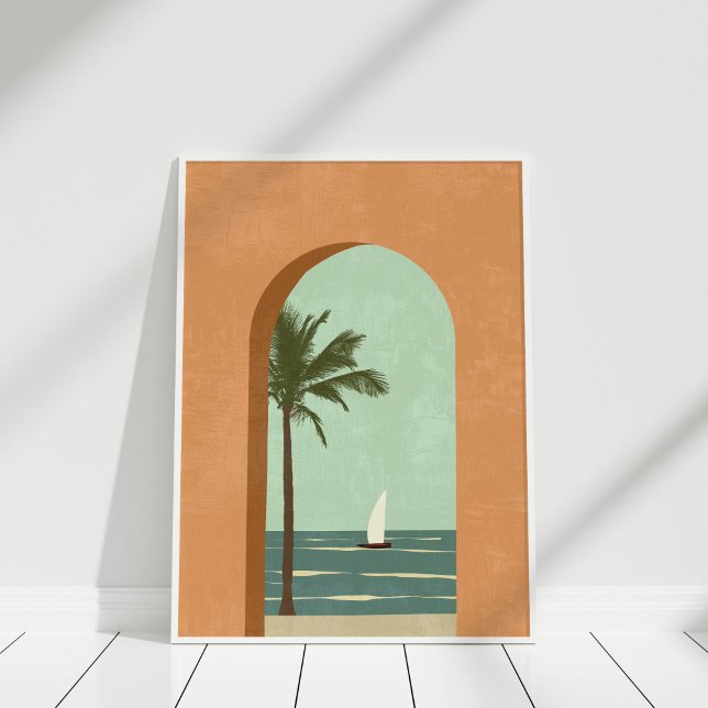 Affiche Boho Terracotta Turquoise Illustration Côtière Art (Boho Terracotta Teal Coastal Illustration Art Poster in a white frame against white wall.)