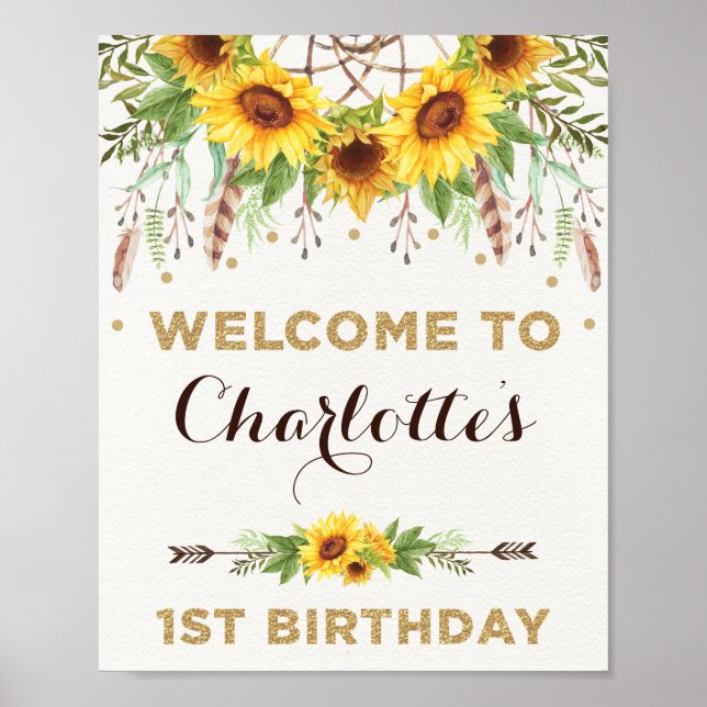 Affiche Boho Tournesol 1er anniversaire Rustic Summer Welc (Devant)