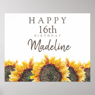 Affiche Boho Tournesols Blanc Joyeux 16e (ou tout) Anniver