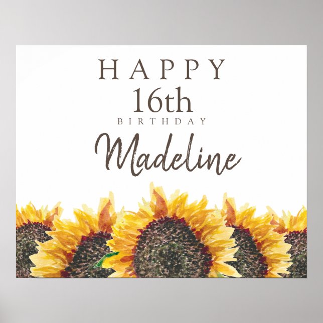 Affiche Boho Tournesols Blanc Joyeux 16e (ou tout) Anniver (Devant)