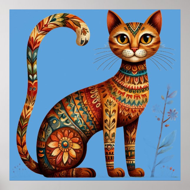 Affiche Boho Tribal Chat Mignon Art Populaire avec Fleurs (Devant)