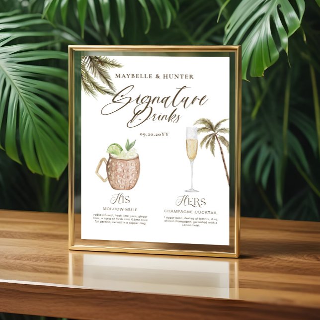 Affiche Boho Tropical Watercolor Signature Boissons Mariag (Boho Tropical Watercolor Signature Drinks Wedding Acrylic Sign)