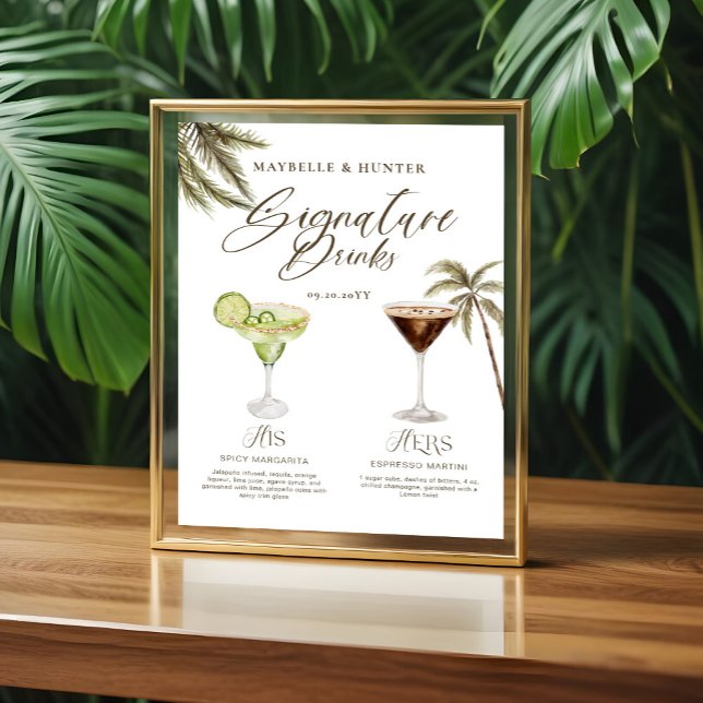 Affiche Boho Tropical Watercolor Signature Boissons Mariag (Boho Tropical Watercolor Signature Drinks Wedding Acrylic Sign)