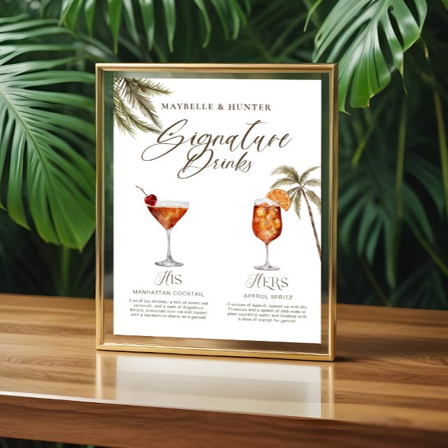 Affiche Boho Tropical Watercolor Signature Boissons Mariag (Boho Tropical Watercolor Signature Drinks Wedding Poster)