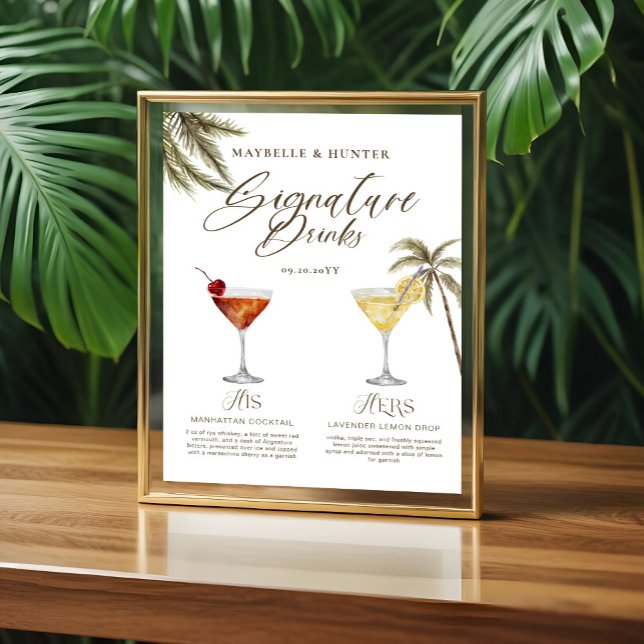 Affiche Boho Tropical Watercolor Signature Boissons Mariag (Boho Tropical Watercolor Signature Drinks Wedding Poster)