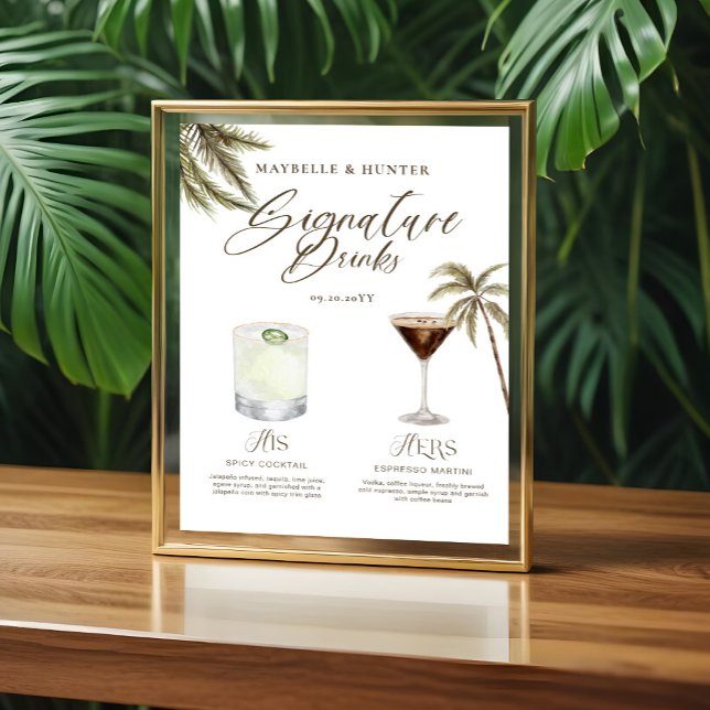 Affiche Boho Tropical Watercolor Signature Boissons Mariag (Boho Tropical Watercolor Signature Drinks Wedding Poster)
