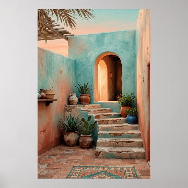 Affiche Boho Turquoise Desert Courtyard, Rustic Staircase  (Devant)