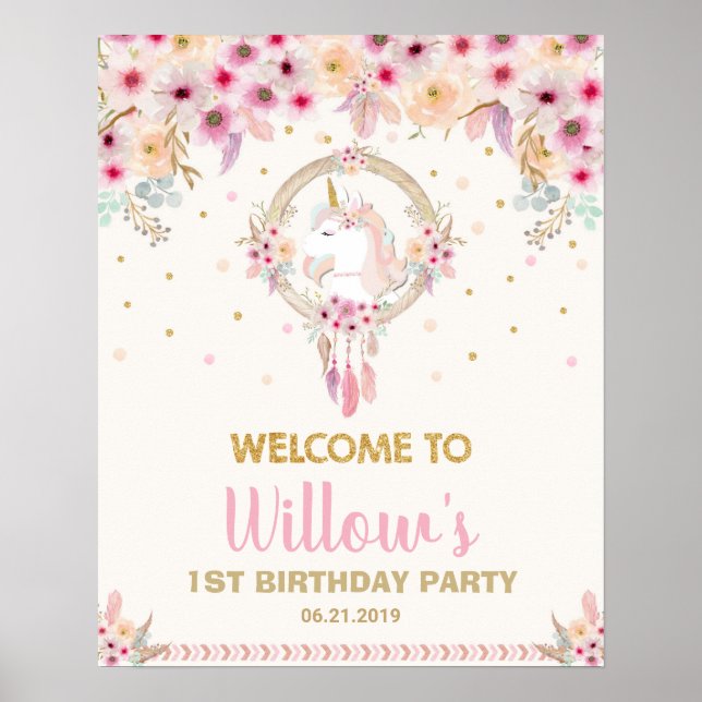 Affiche Boho Unicorn Birthday Party Welcome Floral Large (Devant)