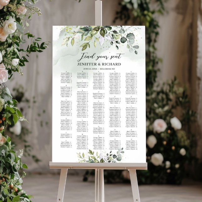 Affiche Boho vert feuillage alphabétique (Boho greenery foliage alphabetical sating chart)