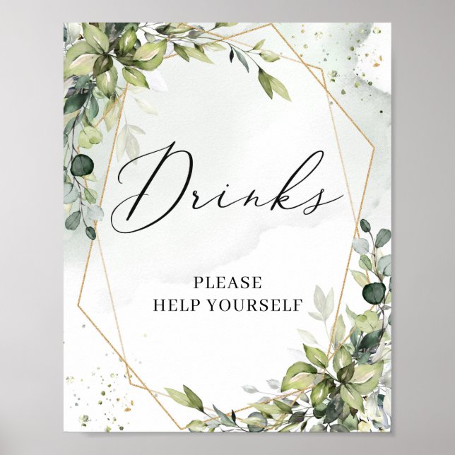 Affiche Boho vert feuillage or signe de boissons géométriq (Devant)