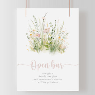 Affiche Boho vert Fleur sauvage Mariage Open Bar Sign