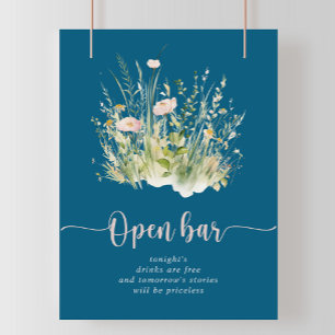 Affiche Boho vert Fleur sauvage Marine Mariage Open Bar