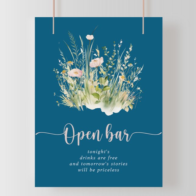 Affiche Boho vert Fleur sauvage Marine Mariage Open Bar (Créateur téléchargé)