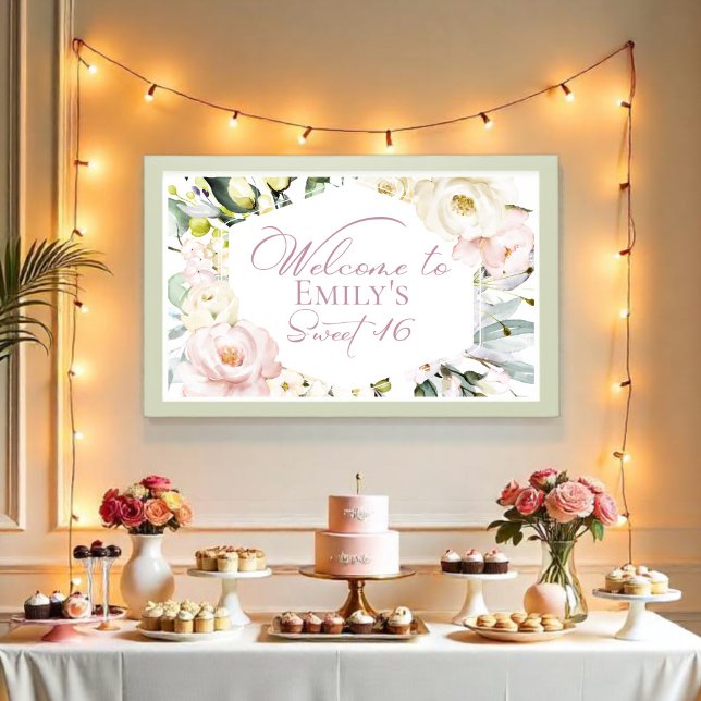 Affiche Boho Vert Floral Frame Sweet 16 Welcome Banner (Créateur téléchargé)