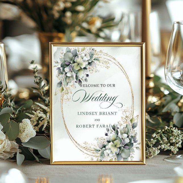 Affiche Boho Vert Sauge Feuillage Mariage Accueil sur Tabl (Boho Sage Green Foliage Tabletop Wedding Welcome)